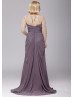 Beaded Dusty Purple Ruched Chiffon Stylish Mother Dress 